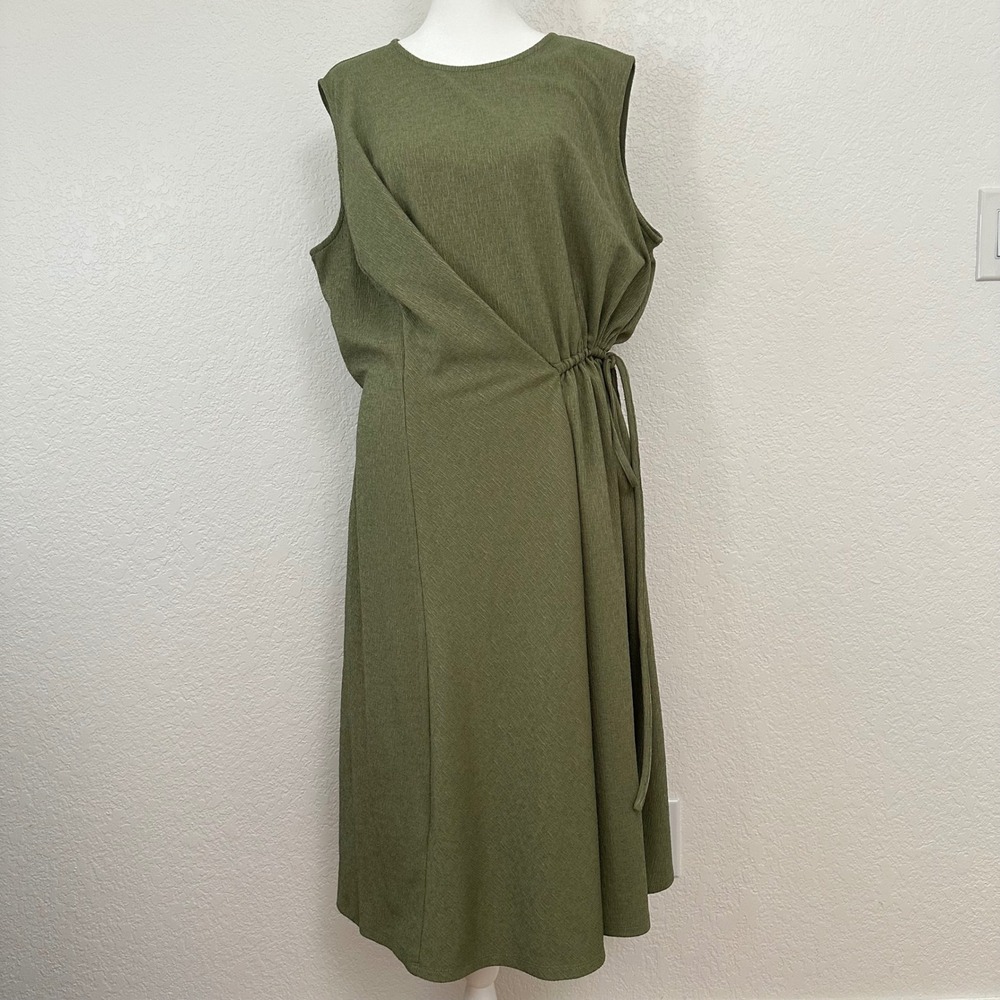 Maggy London Midi Dress Size 14W Olive Green Sleeveless Side Tie Faux Wrap Front